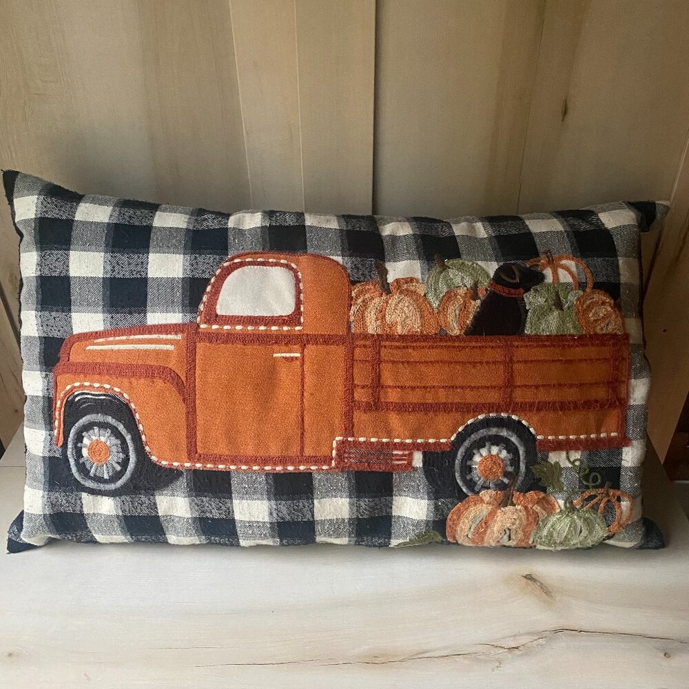 Loving Kindness Fall Pumpkin Patch Plaid Large Throw Pillow Dog Truck embroider